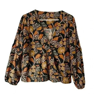 Faherty Black Floral Wrap Blouse with Gold and Rust Accents